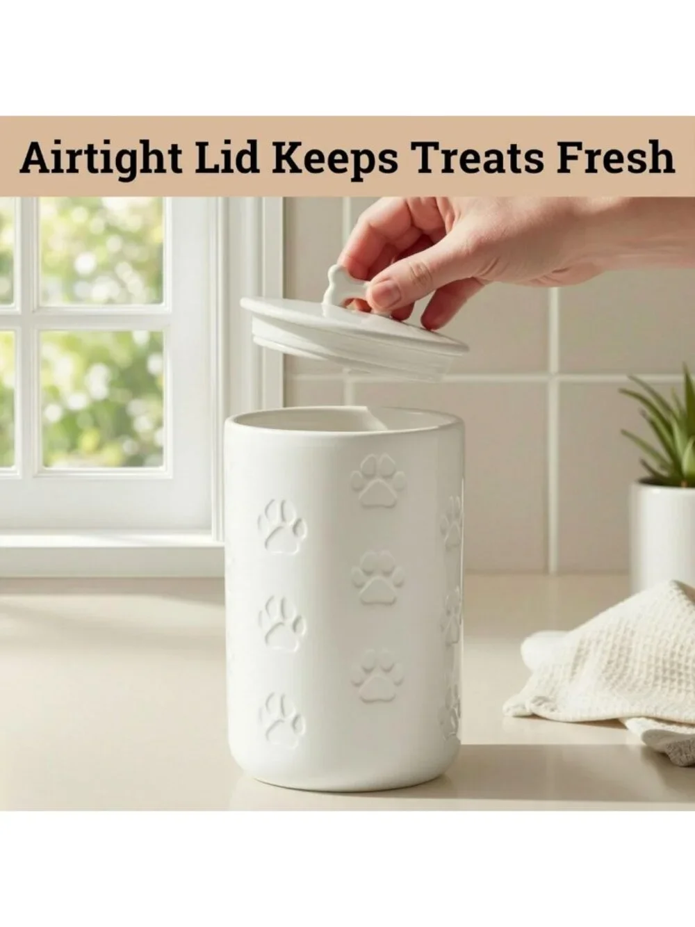 Airtight Dog Treat Jar - 7 Cup Capacity Ceramic Canister for Kitchen - Cute